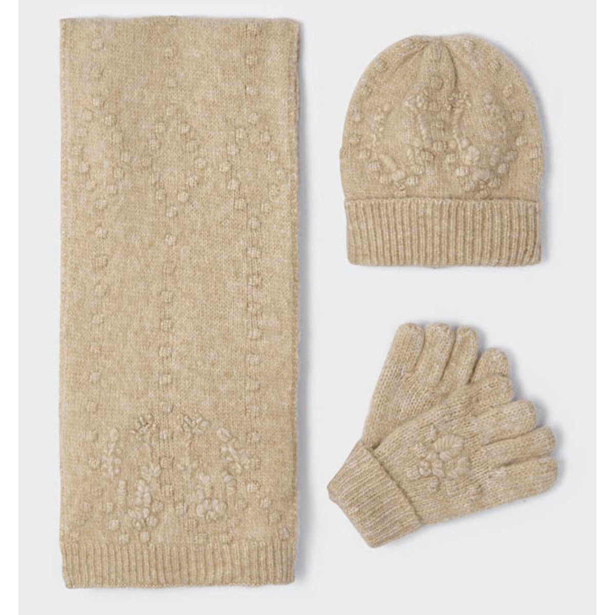 Beige Hat, Scarf, & Gloves Set