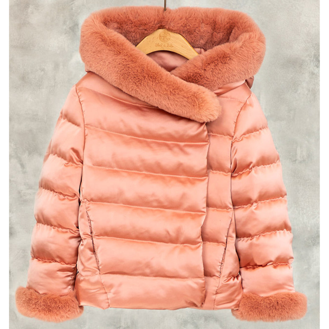 Blush Satin Coat With Faux Fur Trim