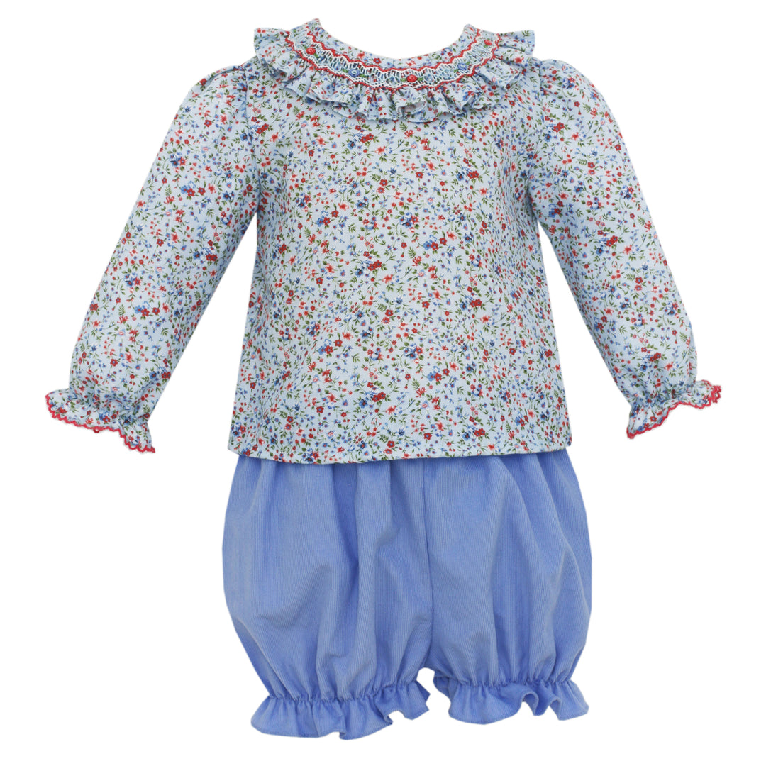 Light Blue & Red Floral Long Sleeve Bloomer Set