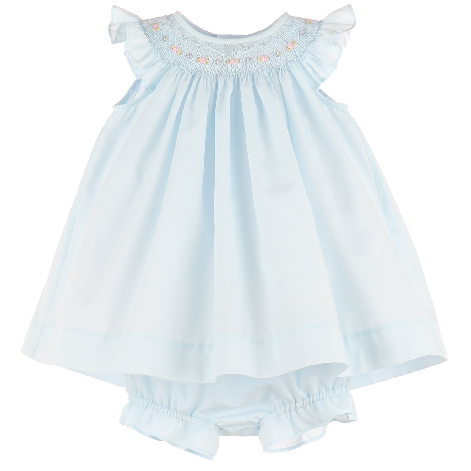 Blue Smocked Bishop Set With Bloomers & Bonnet