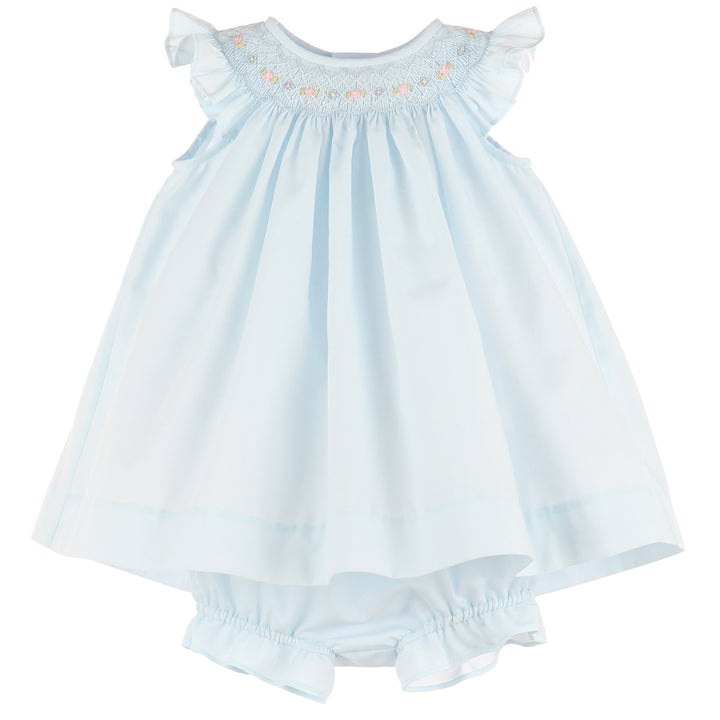Blue Smocked Bishop Set With Bloomers & Bonnet