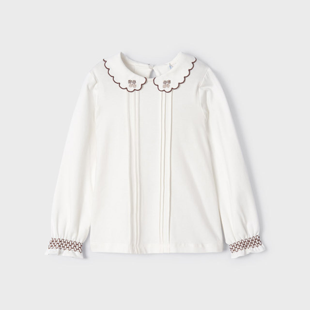 Natural Embroidered Knit Long Sleeve Blouse