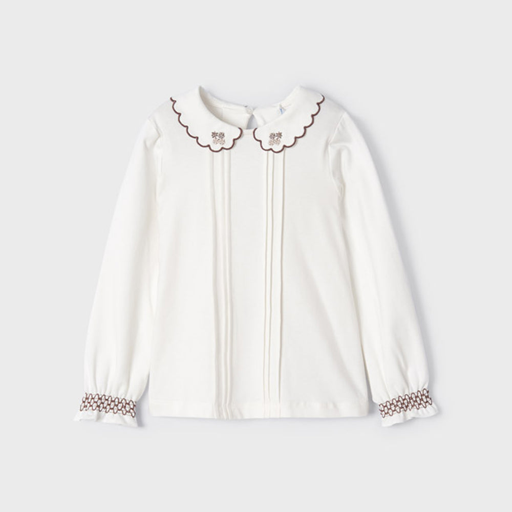 Natural Embroidered Knit Long Sleeve Blouse