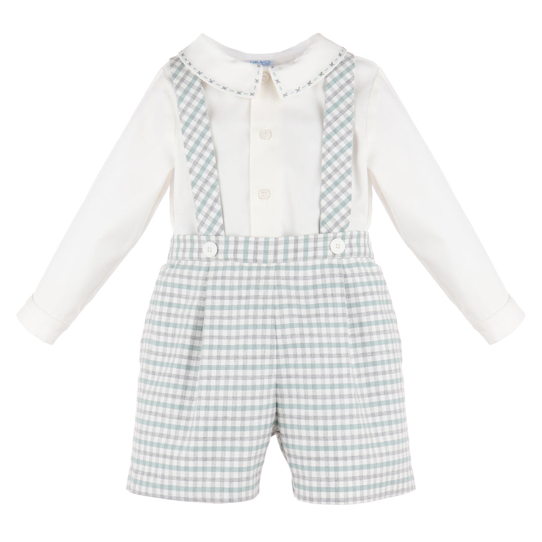 Mint Checkered Suspender Set with White Bodysuit