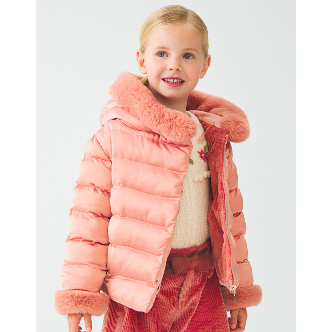 Blush Satin Coat With Faux Fur Trim