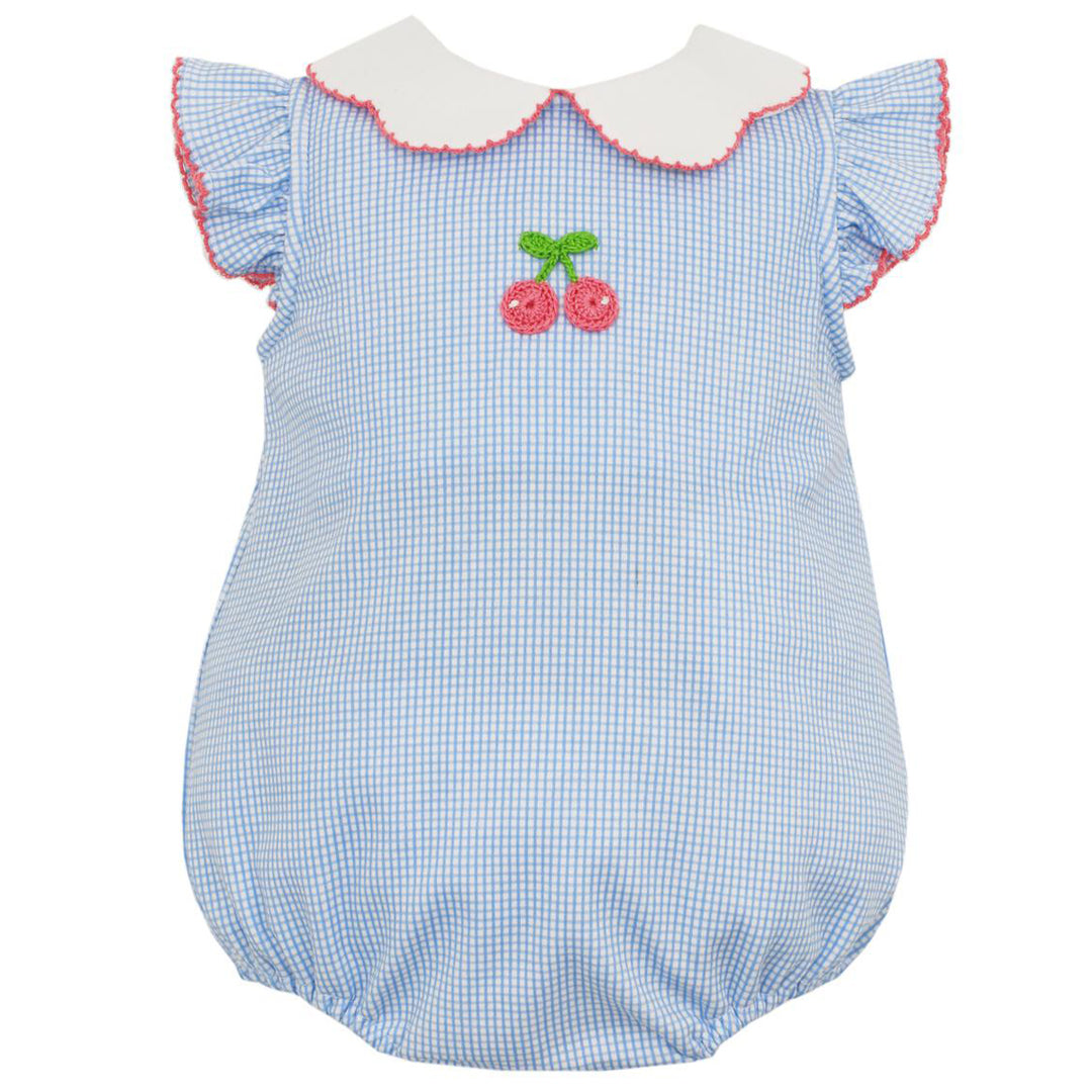 Blue Check Knit Cherries Short Sleeve Bubble