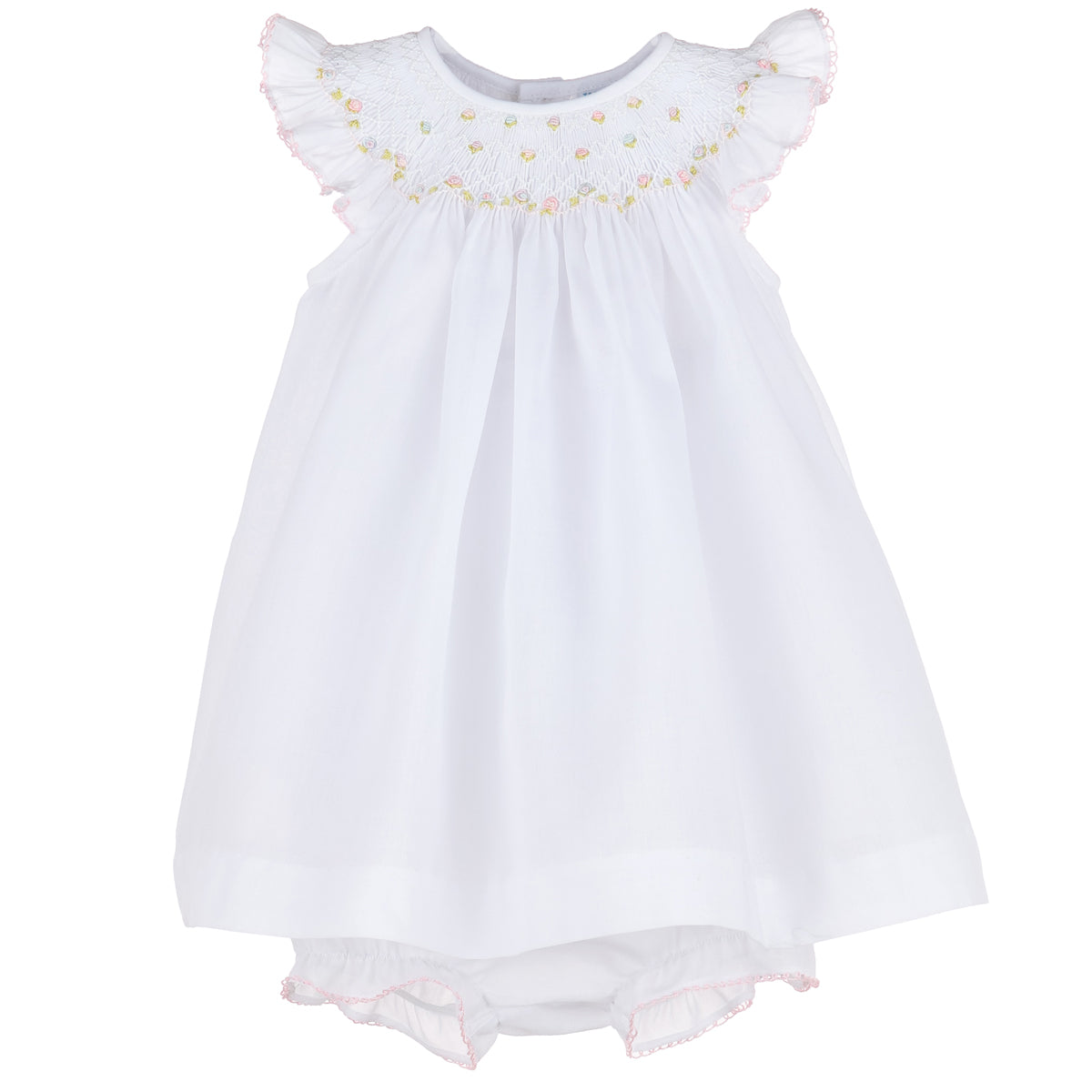 White Bullion Flowers Smocked Bishop Dress