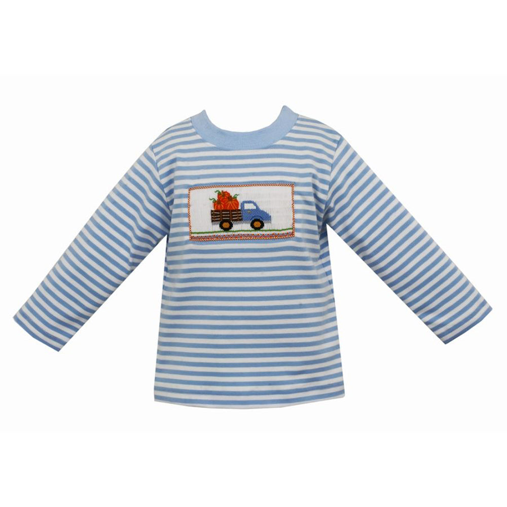 Tractor With Pumpkin Light Blue Stripe T-Shirt