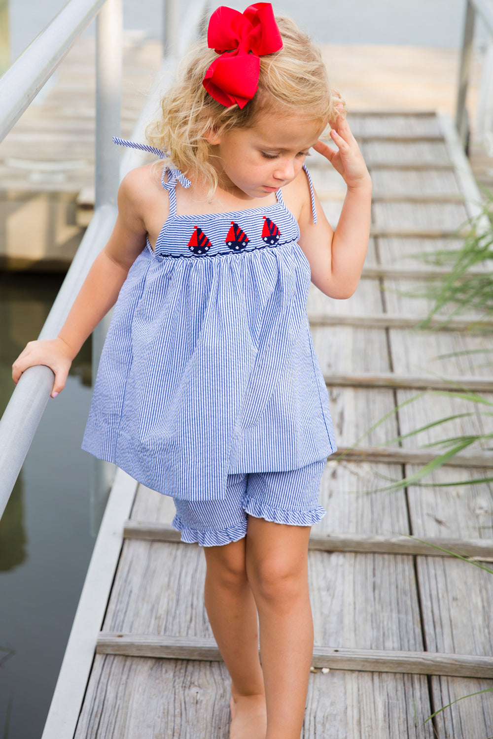 Smocked Sailboats at Sea Tie-Strap Short Set