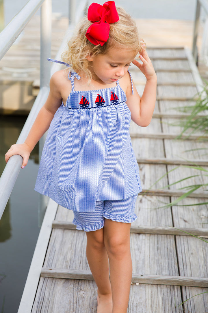 Smocked Sailboats at Sea Tie-Strap Short Set