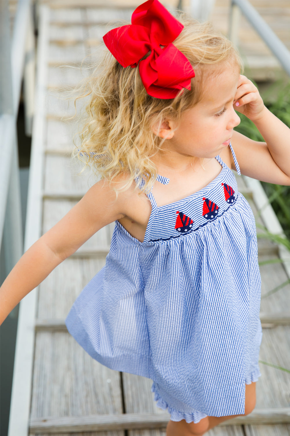 Smocked Sailboats at Sea Tie-Strap Short Set