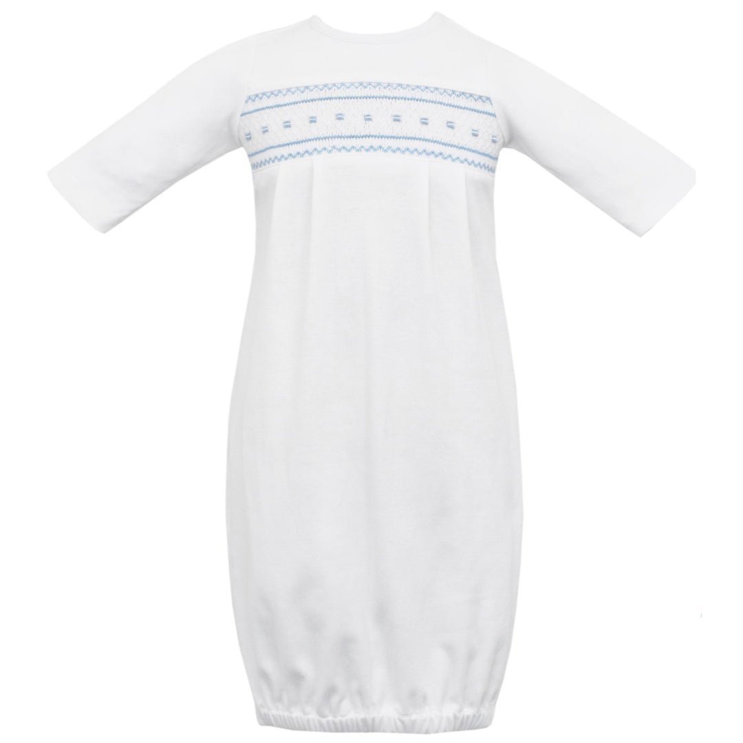 White Knit Sac With Light Blue Geometric Smocking