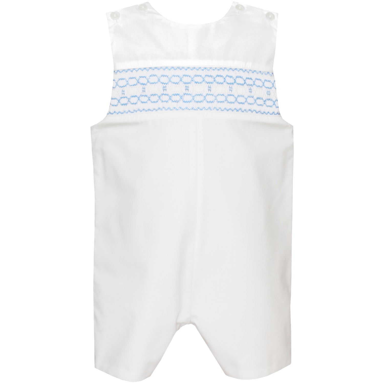 White Poplin John John With Light Blue Smocking
