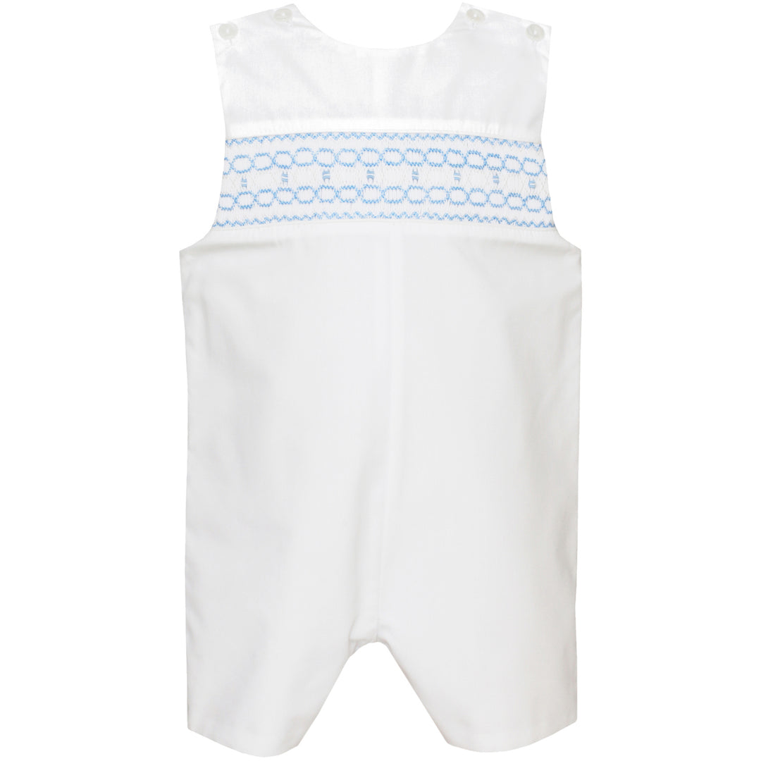 White Poplin John John With Light Blue Smocking