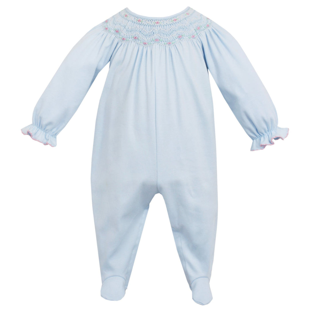 Light Blue Knit Footie With Pink Geometric Smocking