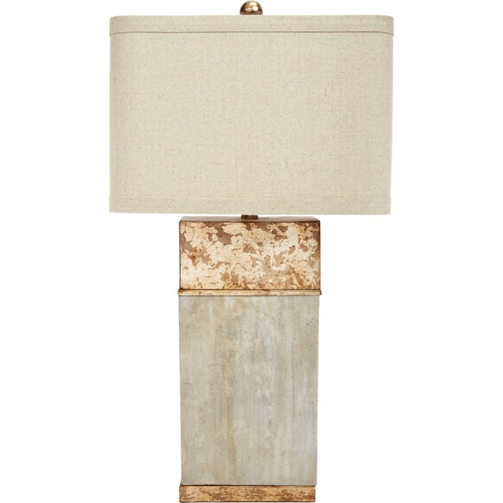 Alan Cement &amp; Antique Gold Finished Square Lamp w/ Linen Shade