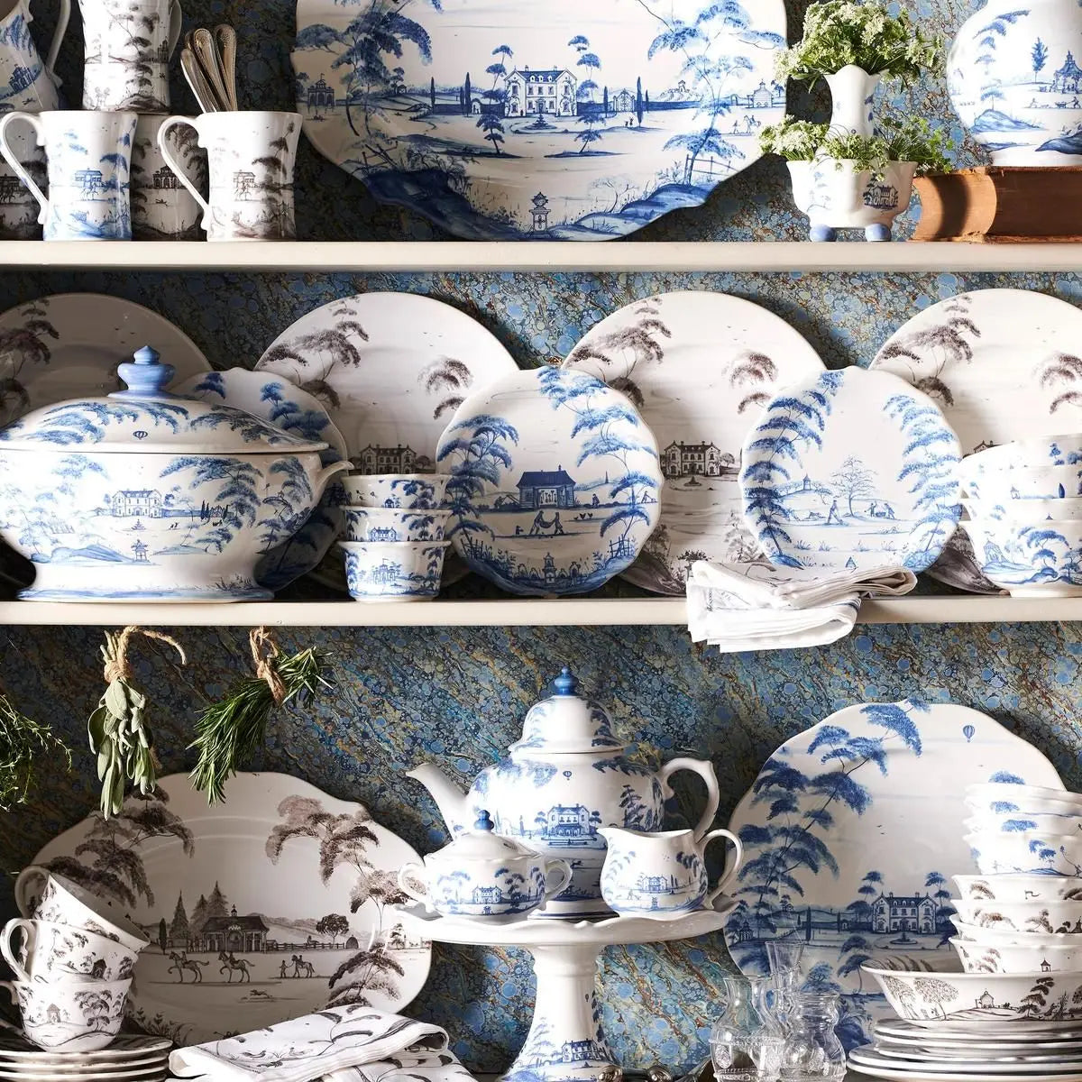 Country Estate Delft Blue Party Plates Spring Gardening Scenes- Set of 4