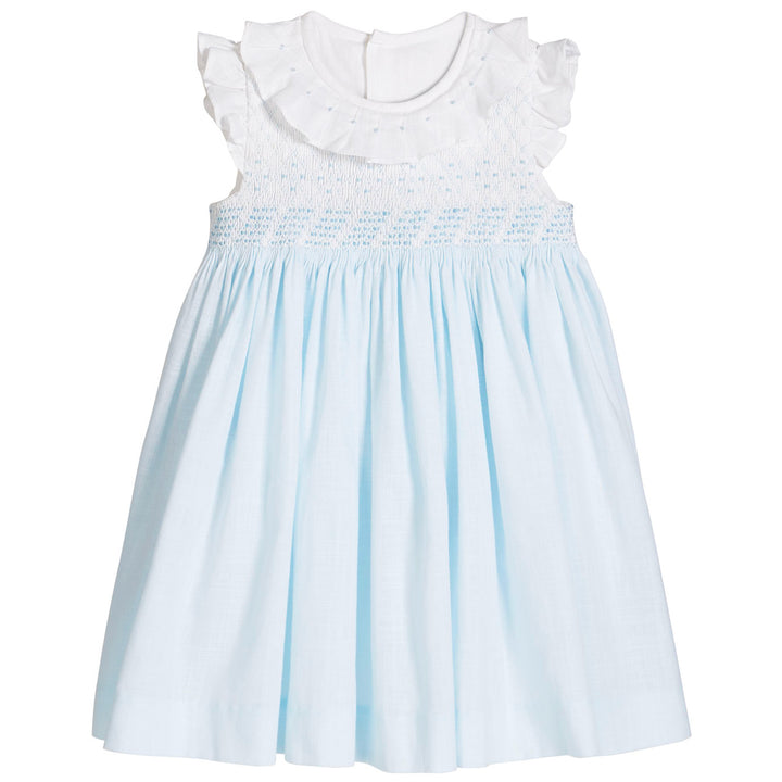 Baby Blue &amp; White Ruffle Neck Smocked Dress