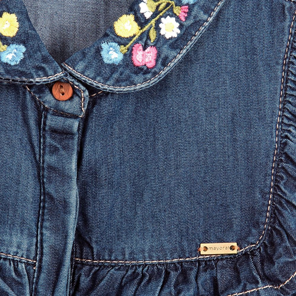 Denim Embroidered Ruffle Blouse