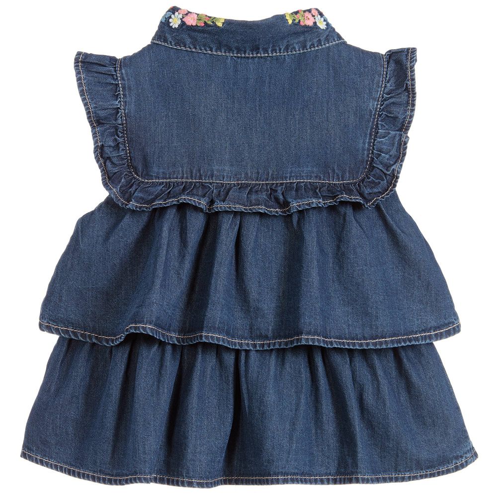 Denim Embroidered Ruffle Blouse