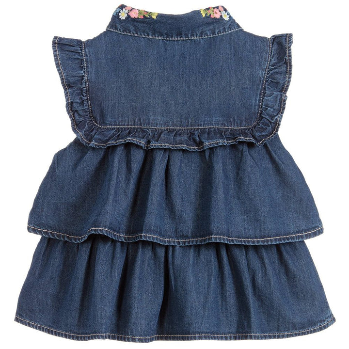 Denim Embroidered Ruffle Blouse