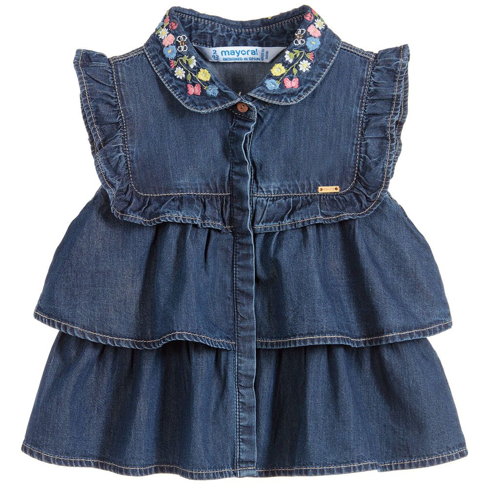 Denim Embroidered Ruffle Blouse