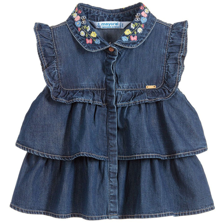 Denim Embroidered Ruffle Blouse