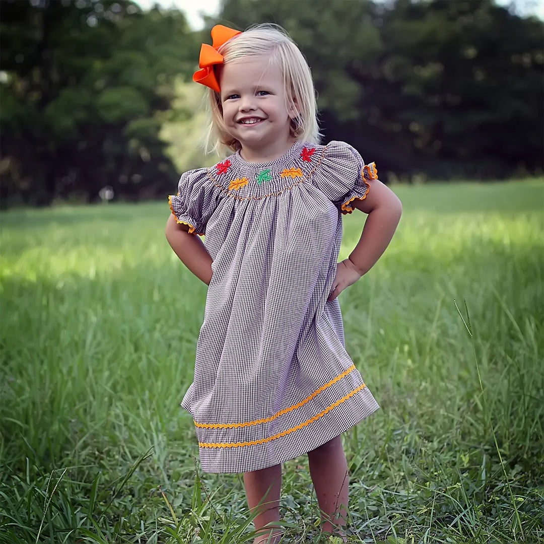 Brown Check Fall Leaves Short Sleeve Bishop Dress