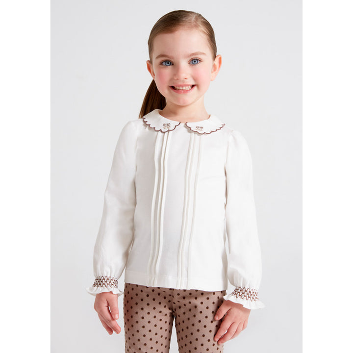 Natural Embroidered Knit Long Sleeve Blouse