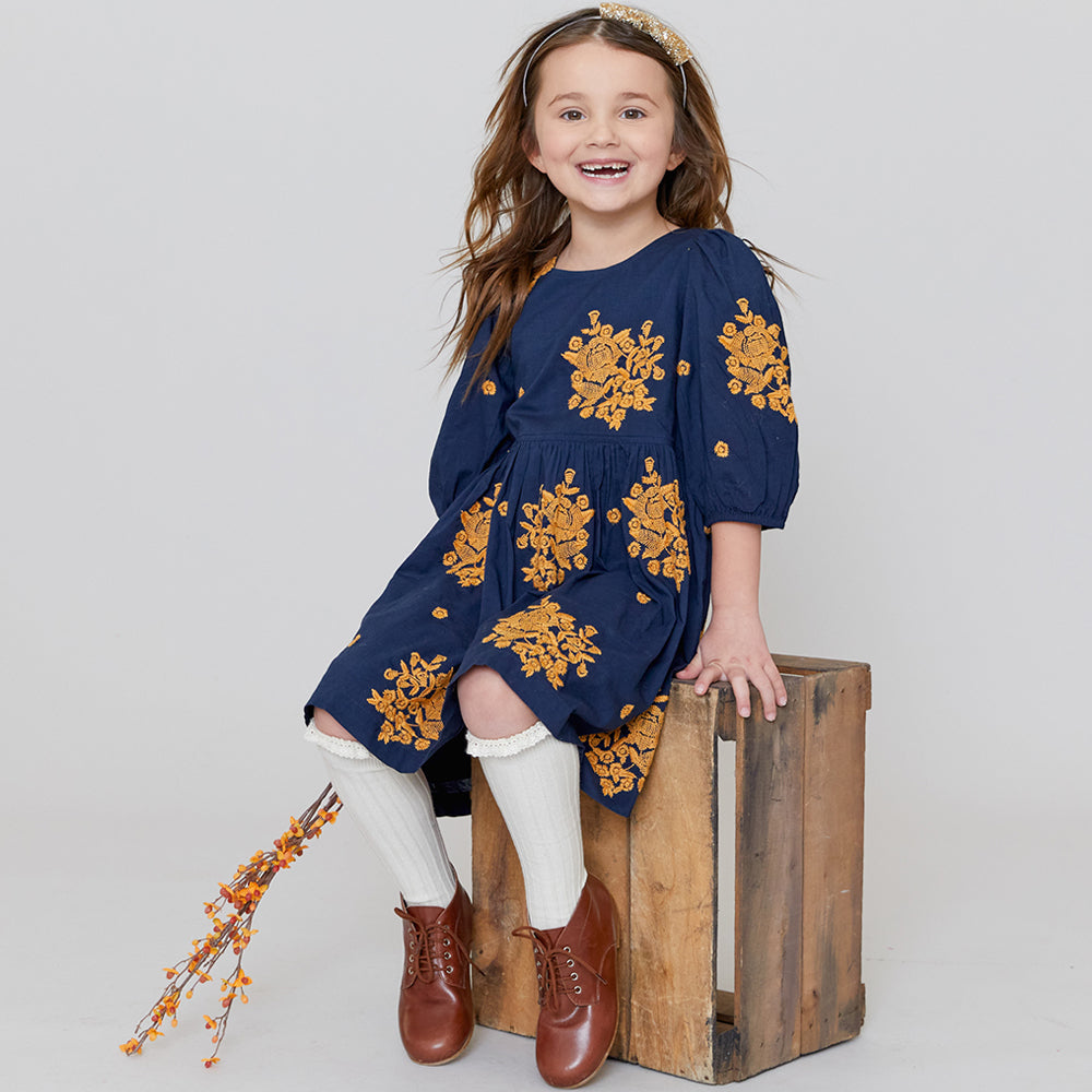 Dress Blues With Inca Gold Embroidery Brooke Dress