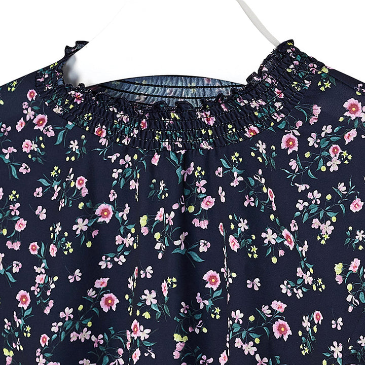 Navy & Amethyst Floral Ruffle Chiffon Blouse