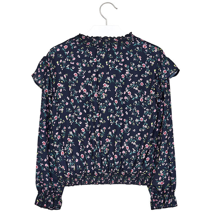 Navy & Amethyst Floral Ruffle Chiffon Blouse