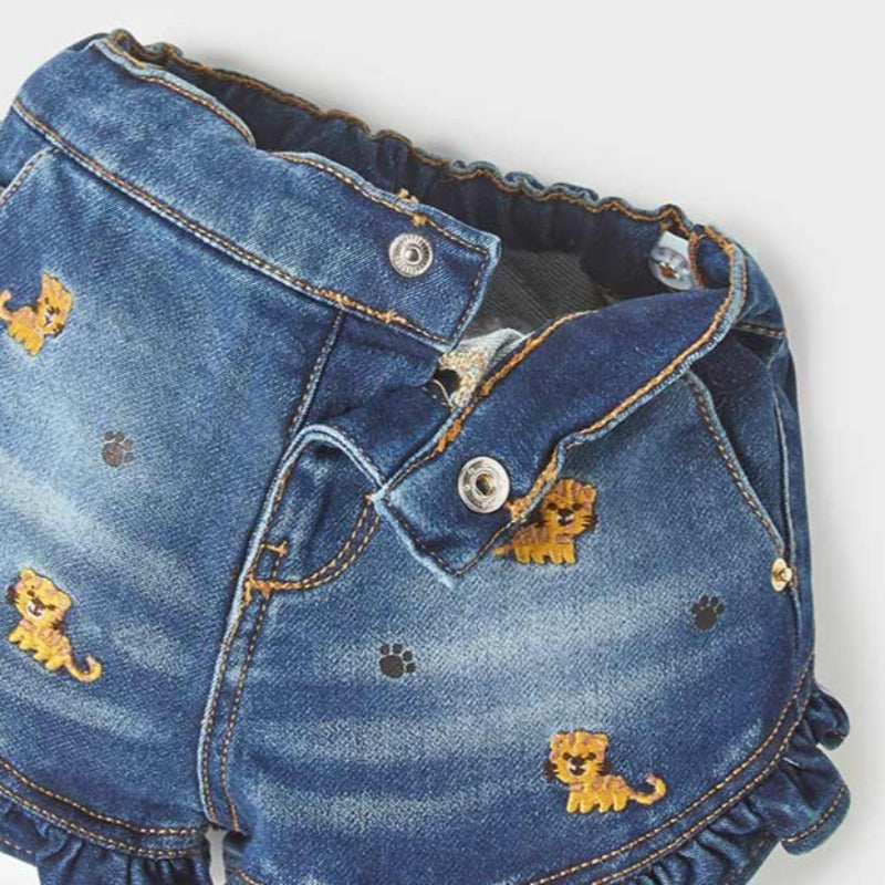 Tiger Embroidered Ruffled Denim Shorts