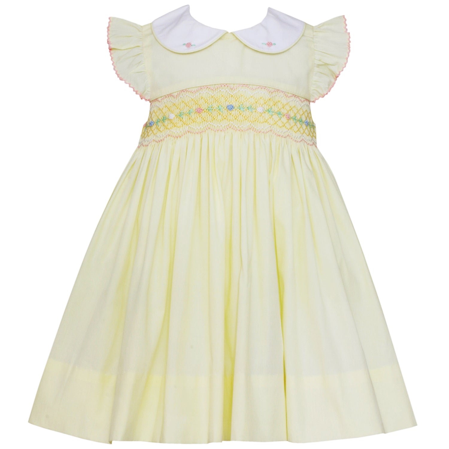 Smocked Lemon Yellow Poplin Dress w/ Peter Pan Collar