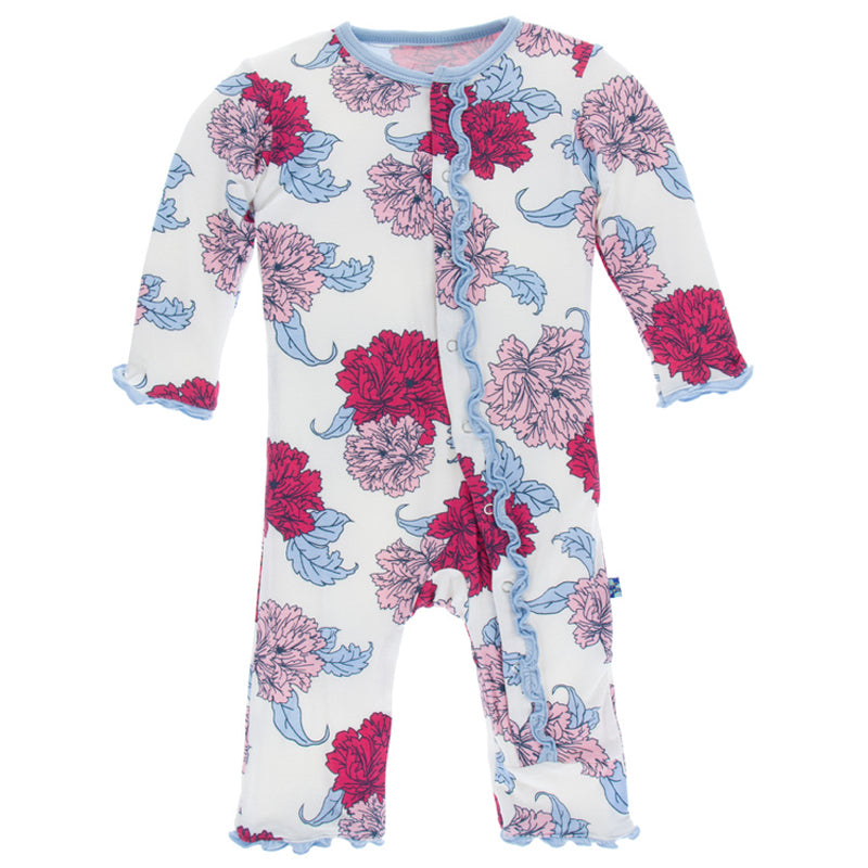Natural Peony Muffin Ruffle Coverall With Snaps