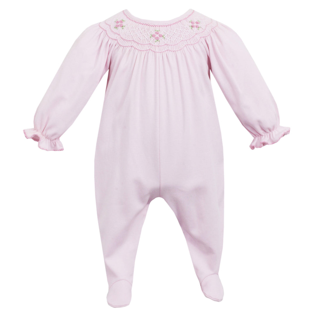 Pink Knit Footie With Geometric Smocking