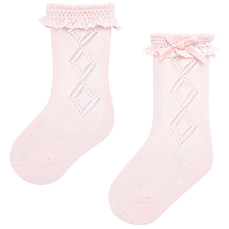 Pink Ruffle Knee-High Socks w/ Velvet Bow