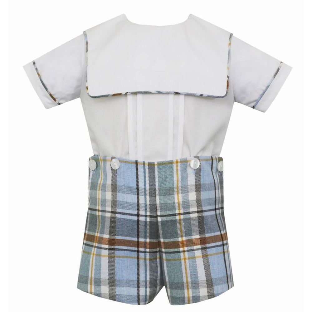 Light Blue & Brown Plaid Button On Short Set