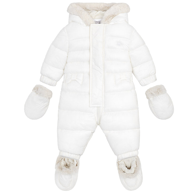 Ivory Puff Pramsuit with Fur Hood, Booties, and Mittens