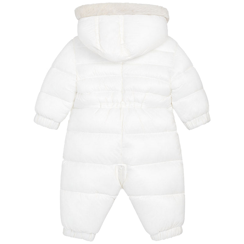 Ivory Puff Pramsuit with Fur Hood, Booties, and Mittens