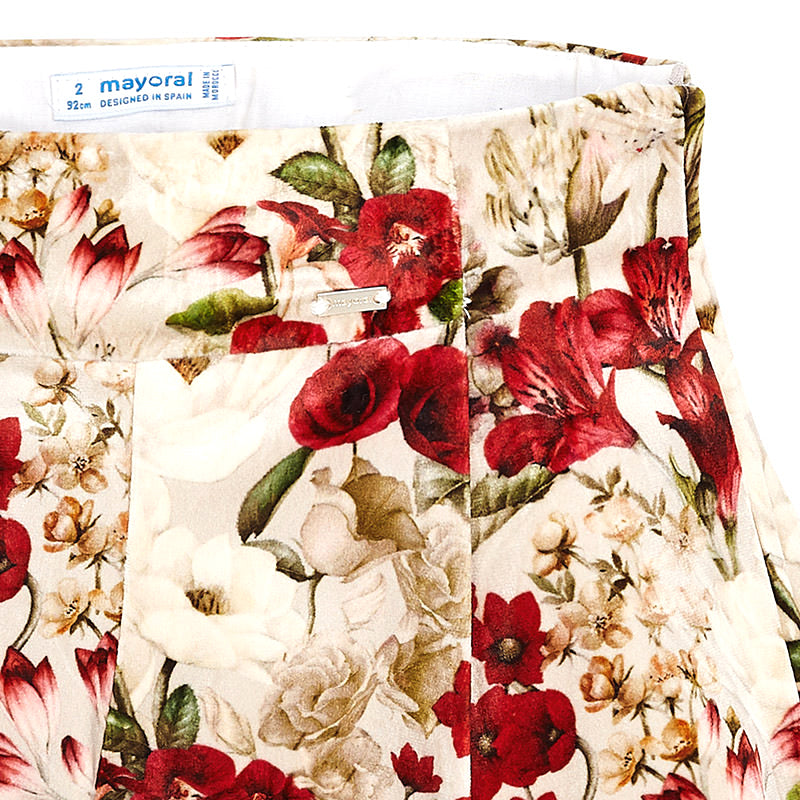 Red & Beige Floral Velvet Shorts