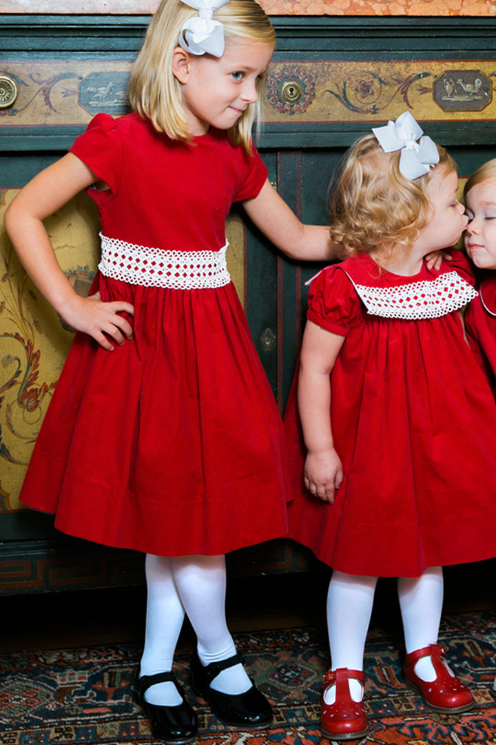 Ruby Red Corduroy & Ivory Lace Dress