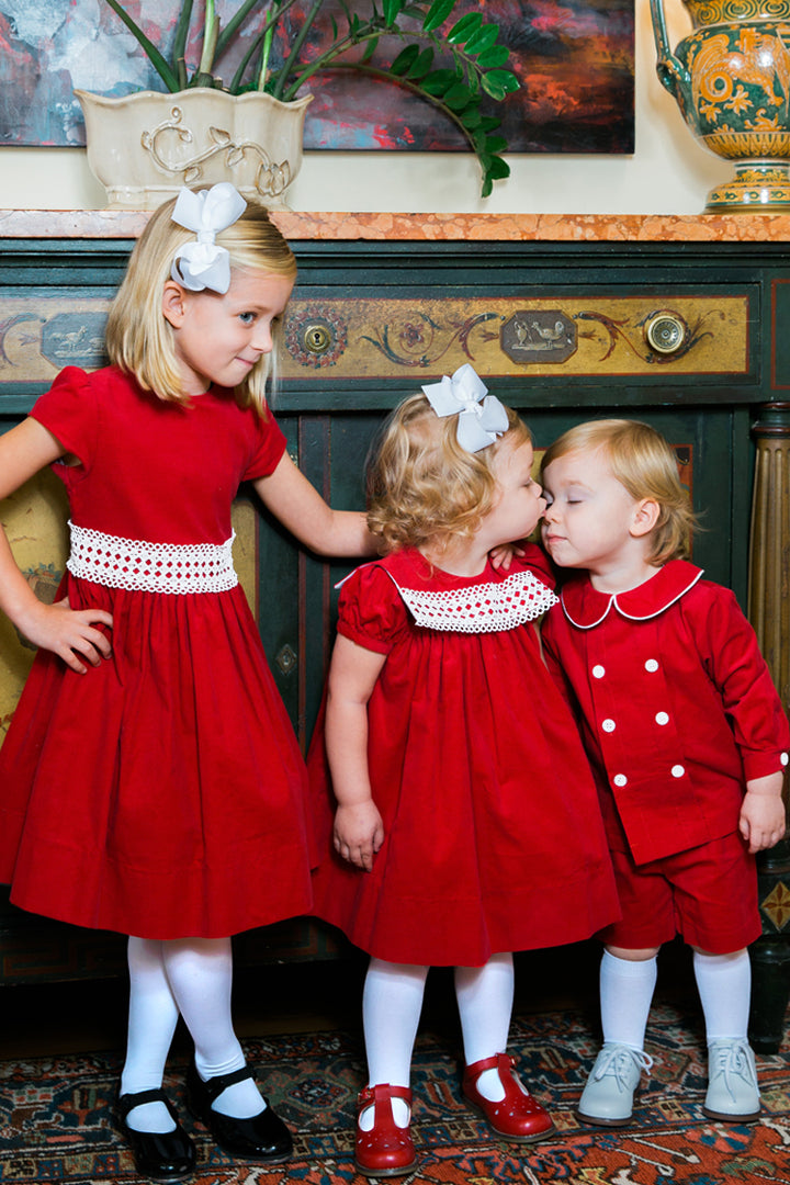 Ruby Red Corduroy & Ivory Lace Dress