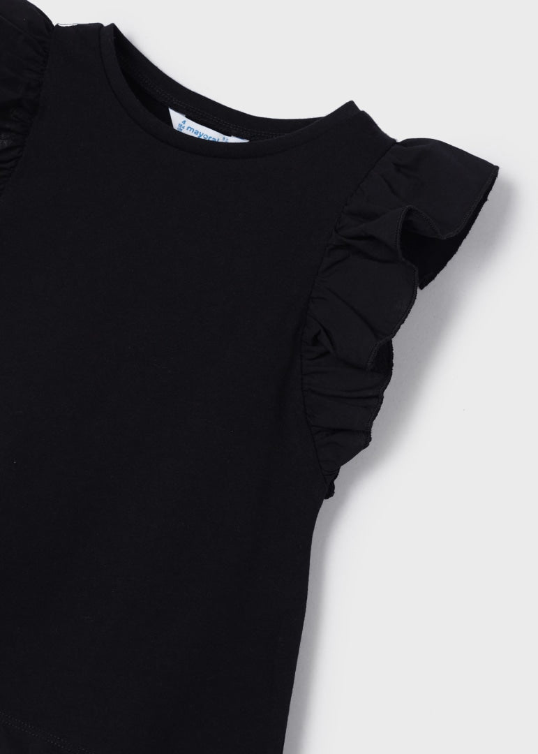Black Ruffled Cotton T-Shirt