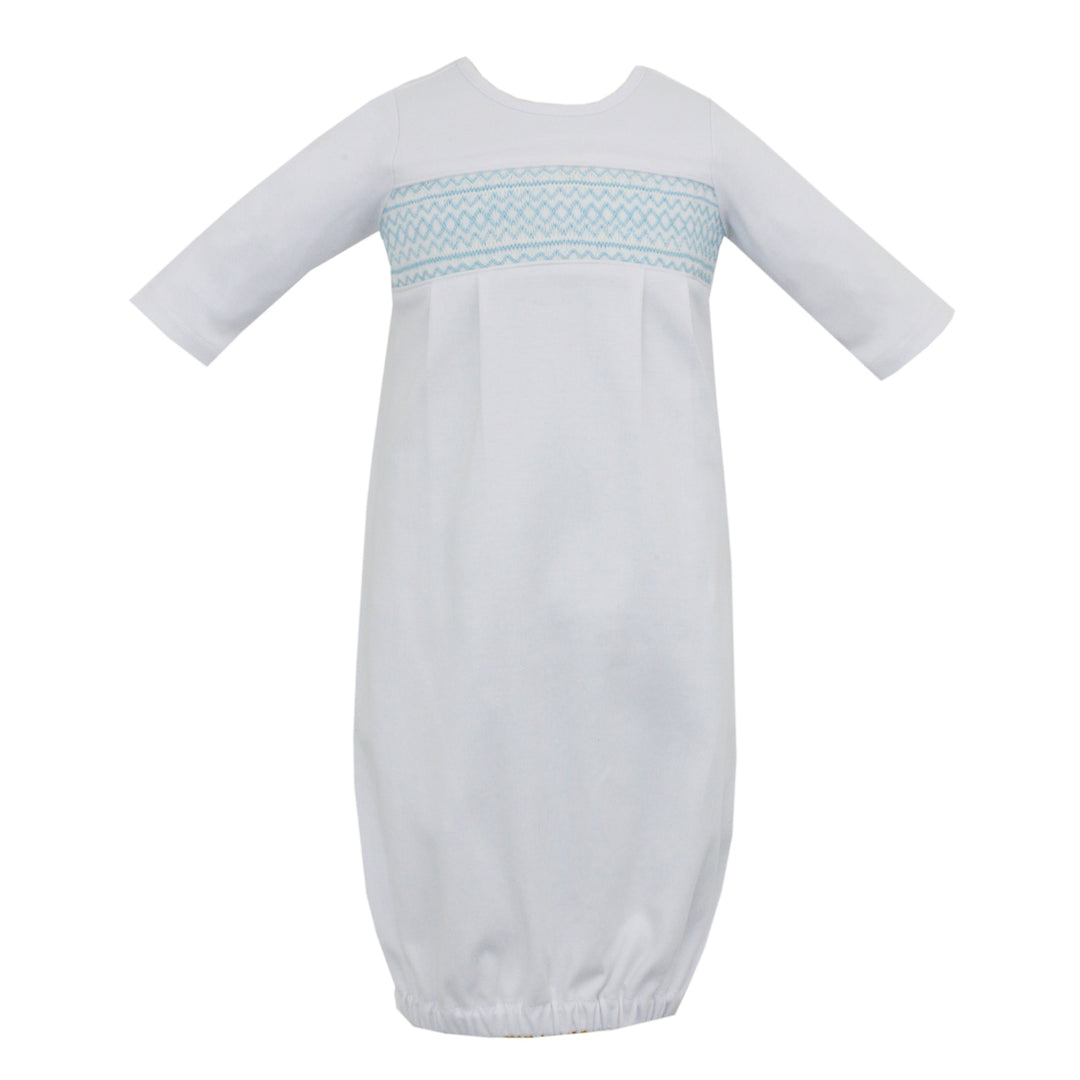 White Knit Sherman Sac With Light Blue Geometric Smocking