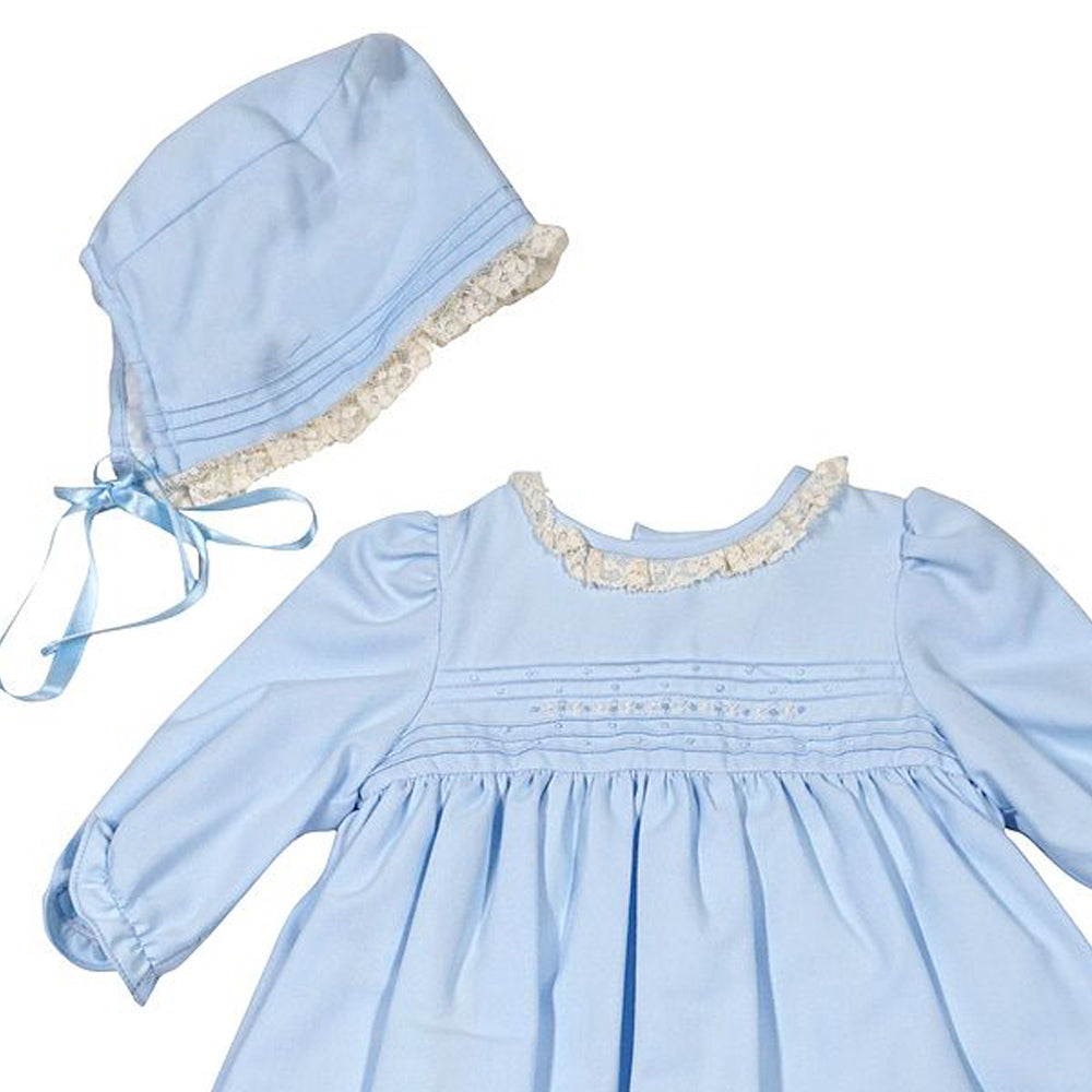 Dress With Lace & Bonnet - Blue