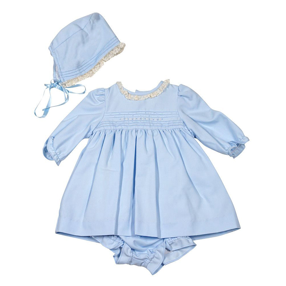 Dress With Lace & Bonnet - Blue
