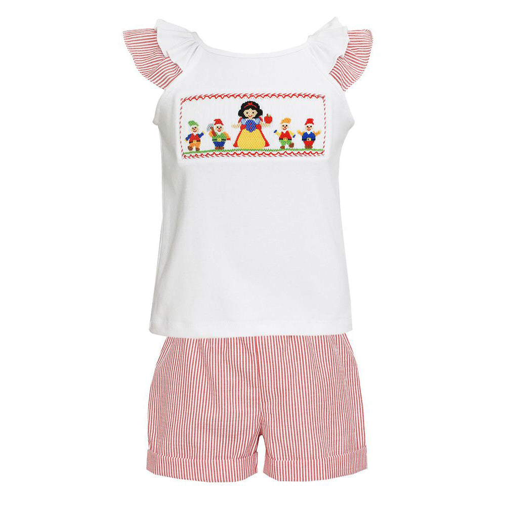 Red Striped Ruffle Shorts With Smocked Snow White Top