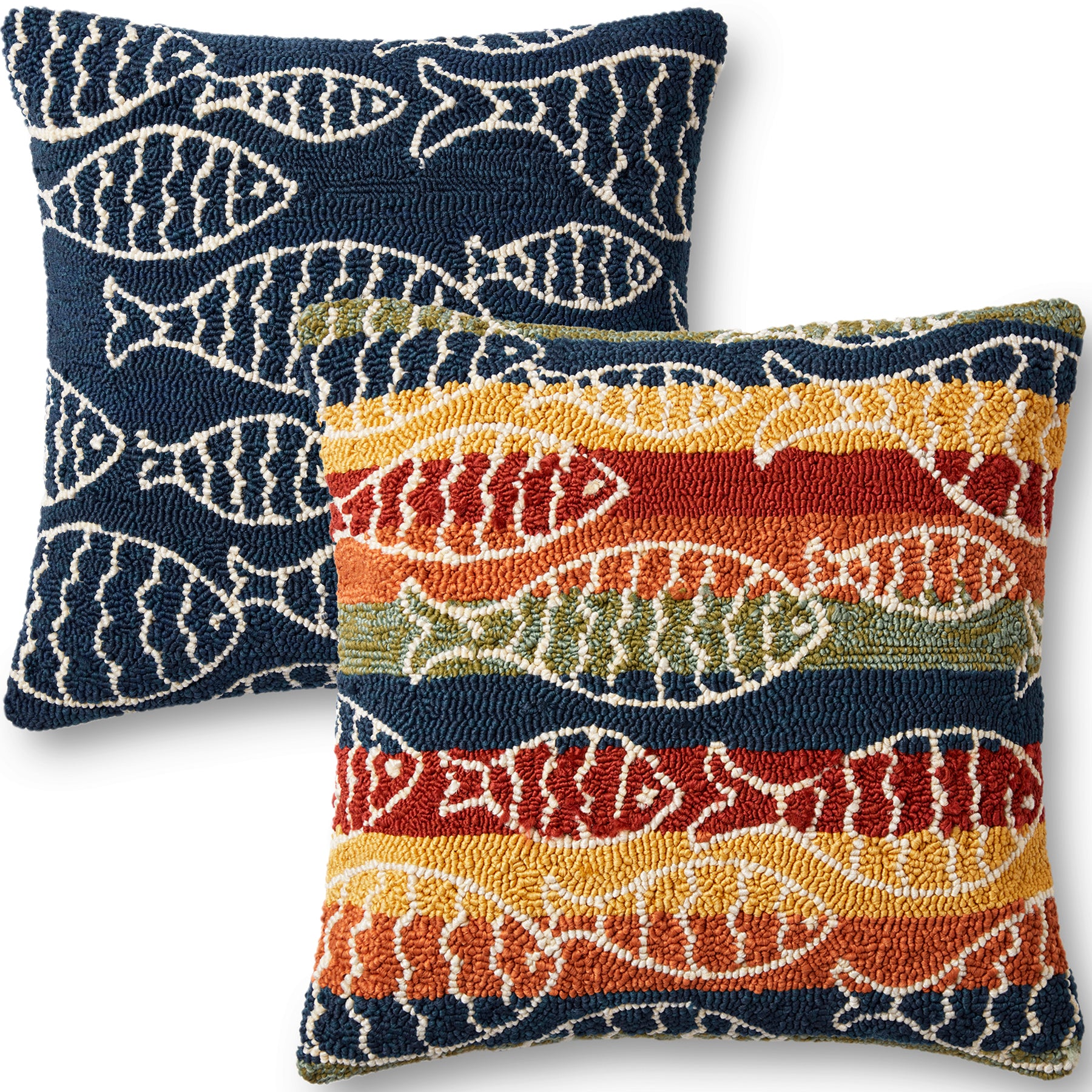 In/Out Hand Hooked Multi Fish Pattern Decorative Square Pillow