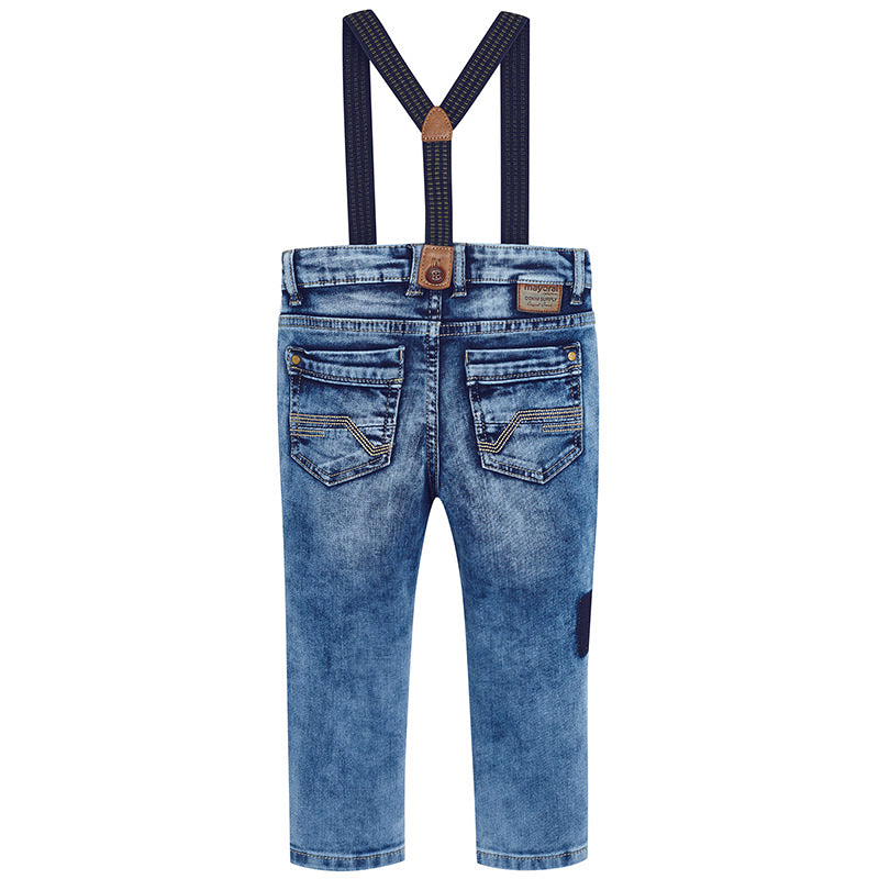 Distressed Patchwork Denim Jeans with Suspenders
